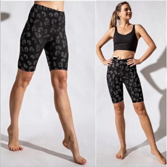 Pants - Black Silver Leopard Embossed Biker Shorts — High Waisted Compression Fit